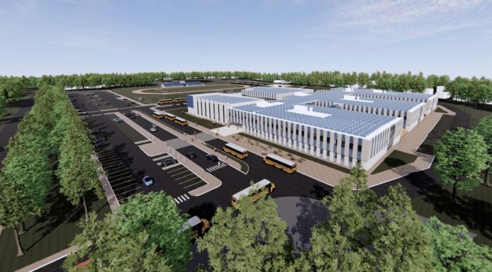 A PRELIMINARY RENDERING shows a new high school in Warwick. The city's school department is planning to construct new high schools to replace both Pilgrim High School and Toll Gate High School. / COURTESY WARWICK PUBLIC SCHOOLS